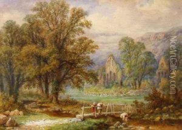Children Playing In A Stream By The Ruins Of Riveaux Abbey Oil Painting - S.W. Baker