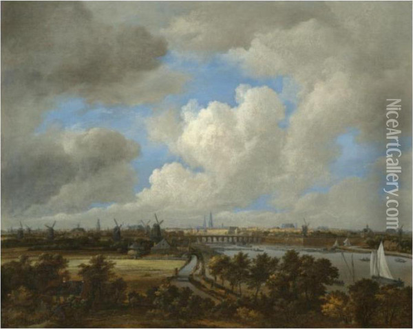 Amsterdam: A Distant View From 
The South Along The West Bank Of The River Amstel Towards The City Oil Painting - Jacob Van Ruisdael