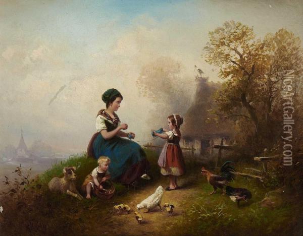 Junge Bauerin Mit Ihren Kindern Oil Painting - Wilhelm Alexander Meyerheim