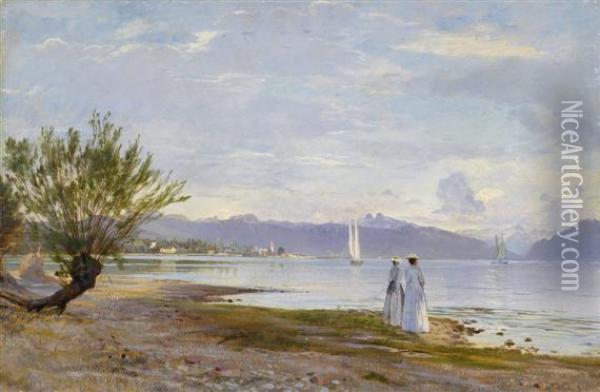 Promeneuses Sur La Plage De Vidy Avec Vue Au Loin Sur Le Chateau D'ouchy Oil Painting - Auguste Bachelin