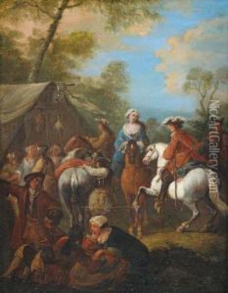 Berittene Soldaten An Einem Marketenderzelt Oil Painting - Johann Georg Pforr