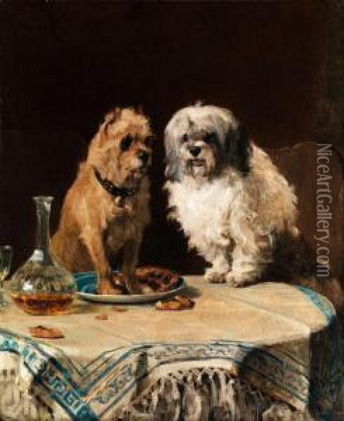 Zwei Sich Auf Dem Esstisch Vergnugendehunde Oil Painting - Charles van den Eycken