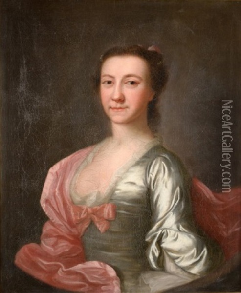 Portrait Of Miss Sarah Wilson, Half Length Wearing A White Satin Dress And A Pink Shawl Oil Painting - Allan Ramsay