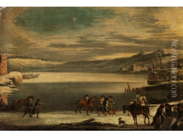 Winterliche Uferlandschaft Mit Ziehenden Reitern Oil Painting - Johann Philipp Lemke