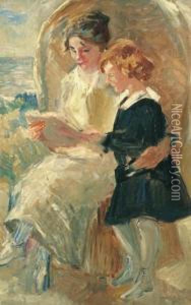 A Lady Seated In A Wicker Beach Chair Reading With A Girl Oil Painting - Simon Maris
