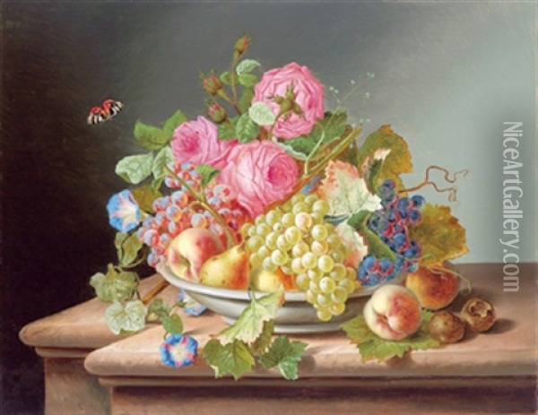 Stilleben Mit Rosen, Weintrauben, Pfirsichen, Birnen Und Einem Schmetterling Oil Painting - Josef Lauer