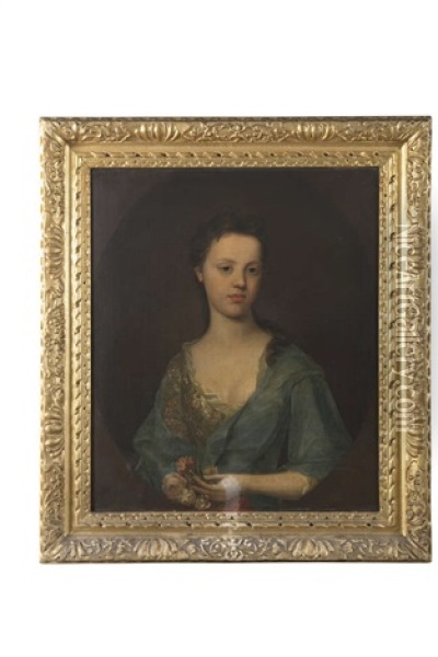 A Portrait Of Elizabeth Langham, As A Young Girl, Half Length In A Low Blue Dress And Holding Flowers Oil Painting - Michael Dahl