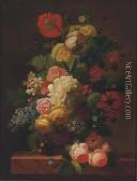 Roses, Poppies, Tulips, Hyacinth And Other Flowers In A Vase On Astone Ledge Oil Painting - Jan Frans Van Dael