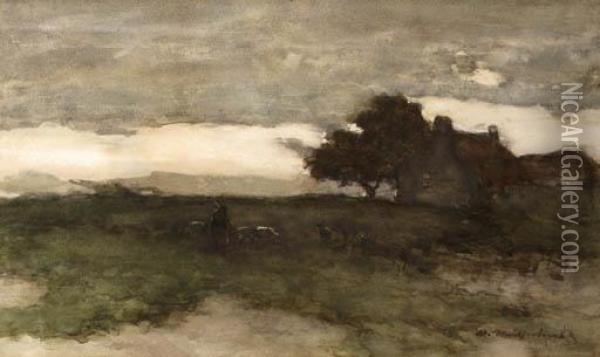 Shepherd With Flock In A Polder Landscape Oil Painting - Jan Hendrik Weissenbruch