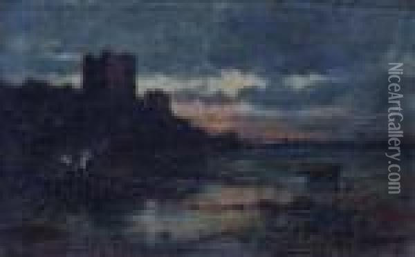 Coastal View With Castle And Figures Gathered By A Fire Oil Painting - Samuel Bough