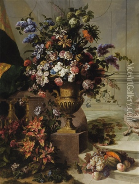 A Bouquet Of Flowers In A Gilded Bronze Urn On A Porphyry Base In An Architectural Setting Oil Painting - Jean-Baptiste Monnoyer