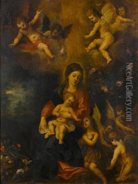 The Virgin, And Child With The Infant Saint John The Baptist Surrounded By Angels In A Landscape Oil Painting - Hendrik van Balen the Elder