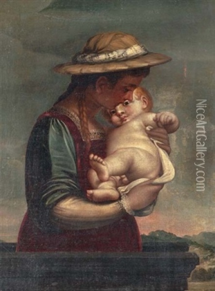 A Woman With A Straw Hat Holding A Child On A Balcony, An Extensive Landscape Beyond Oil Painting - Luca Cambiaso