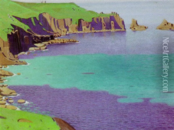 Rockey Coastline, Cornwall Oil Painting - Robert Morson Hughes