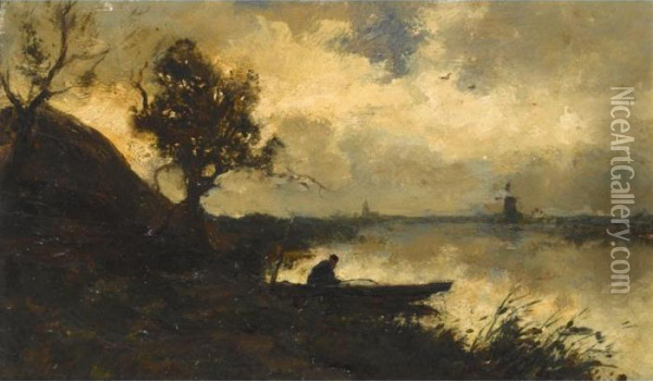 A Polder Landscape At Sunset Oil Painting - Jan Hendrik Weissenbruch