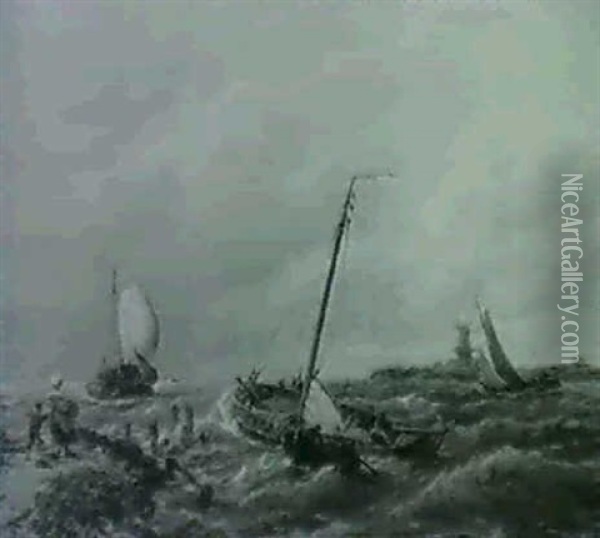 Barges Off The Coast In A Stifbreeze Oil Painting - Pieter Cornelis Dommershuijzen