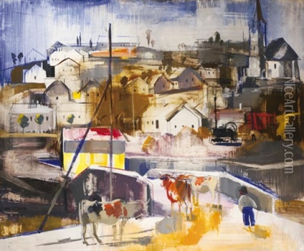 Cityscape With Oxen (soskut) Oil Painting - Vilmos Aba-Novak