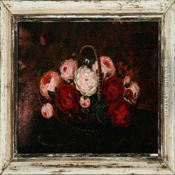 Roses In A Basket Oil Painting - I.L. Jensen