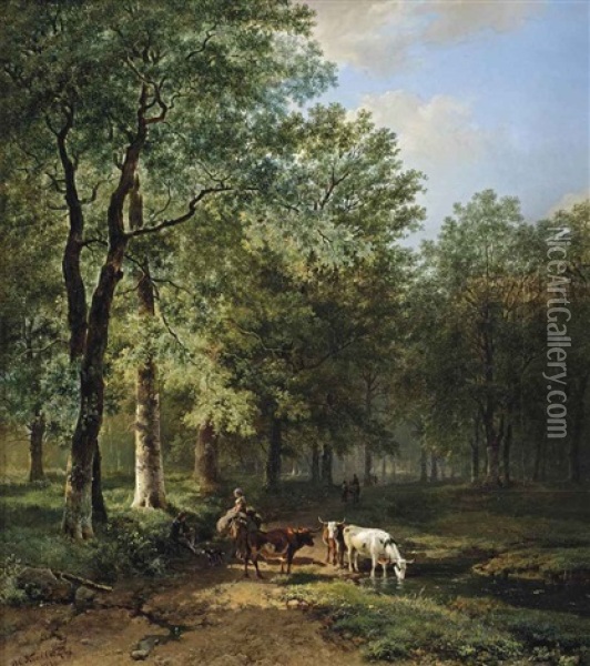 A Wooded Landscape With Travellers Resting On A Sunlit Path Oil Painting - Barend Cornelis Koekkoek