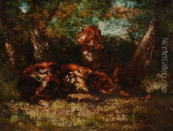 Deux Chiens De Chasse En Foret De Barbizon, Circa 1865 Oil Painting - Narcisse-Virgile D Az De La Pena