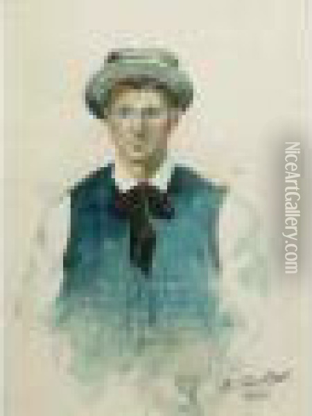 Autoportrait De L'artiste En Buste Portant Un Gilet Et Un Chapeaude Paille Oil Painting - Aleksandr Rubcov