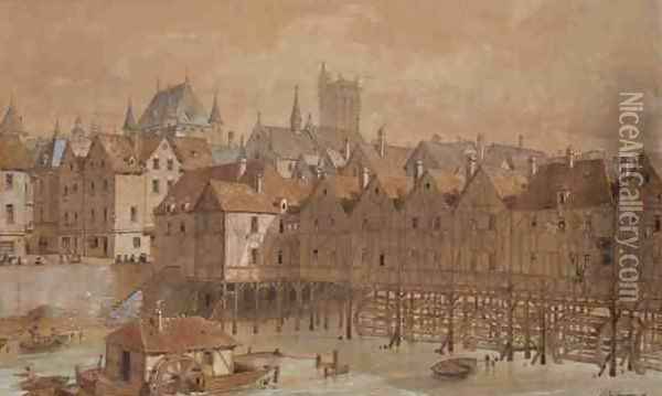 The Grand Chatelet and the Pont aux Meuniers Oil Painting - Theodor Josef Hubert Hoffbauer