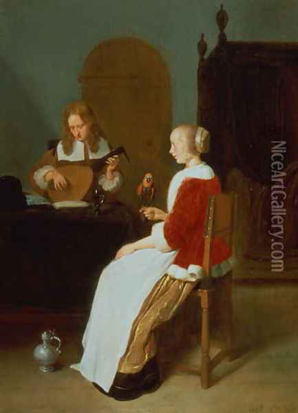An interior with a lute player and a woman holding a parrot Oil Painting - Quiringh Gerritsz. van Brekelenkam