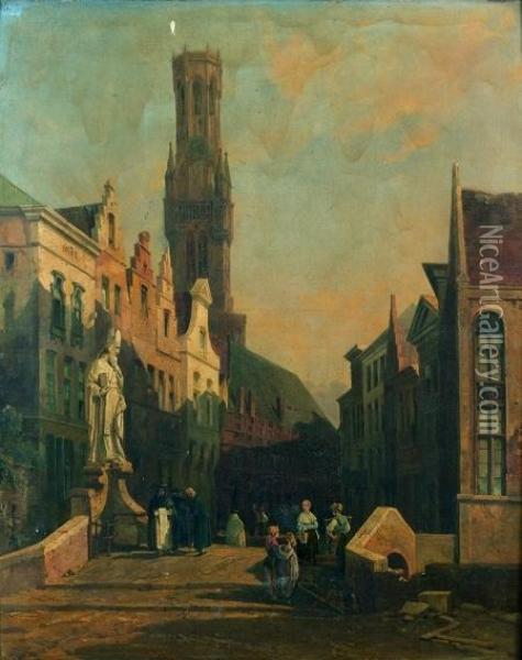 La Vue Du Beffroi De Bruges Dominant Une Rue Animee De Personnages Oil Painting - Jacques Guiaud