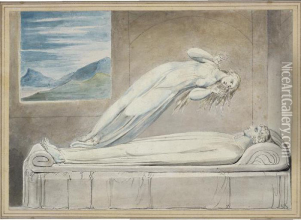 The Soul Hovering Over The Body 
Reluctantly Parting With Life (the Soul Hovering Over The Body) Oil Painting - William Blake