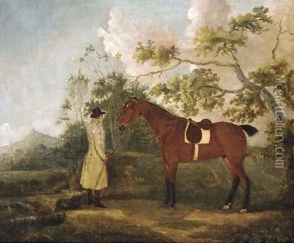 A bay hunter with a groom in a landscape Oil Painting - Thomas Spencer