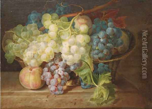Grapes and peaches in a basket on a ledge Oil Painting - Franz Xaver Petter