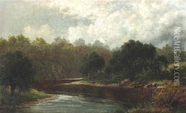 A River Landscape With Cattle Watering Oil Painting - William Henry Mander