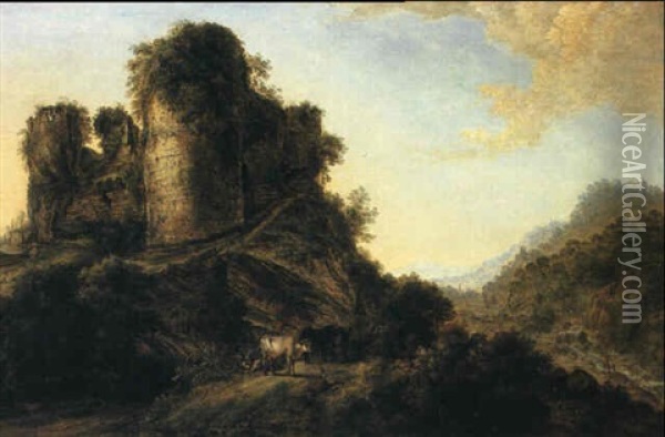 A Hilly Landscape With Cattle Grazing Before Castle Ruins Oil Painting - Gillis Neyts