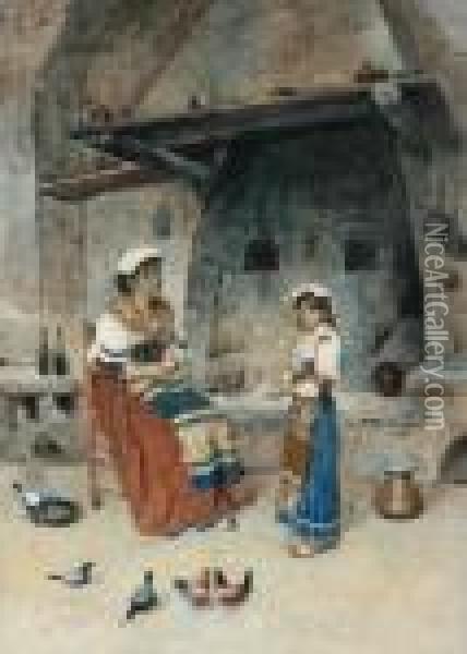 Italian Woman Winding Wool Oil Painting - Publio Tommasi