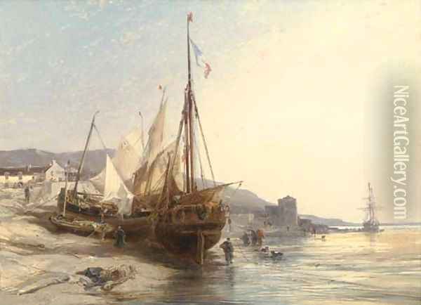 Fishing boats on the beach at low tide Oil Painting - Eugene Isabey