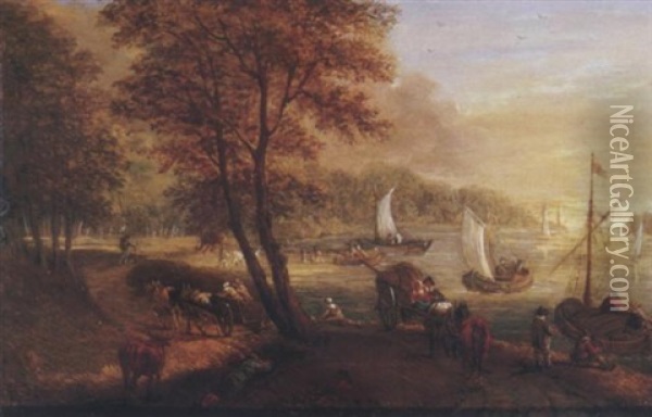 A River Landscape With Travellers On A Path, Shipping Beyond Oil Painting - Jan Brueghel the Elder