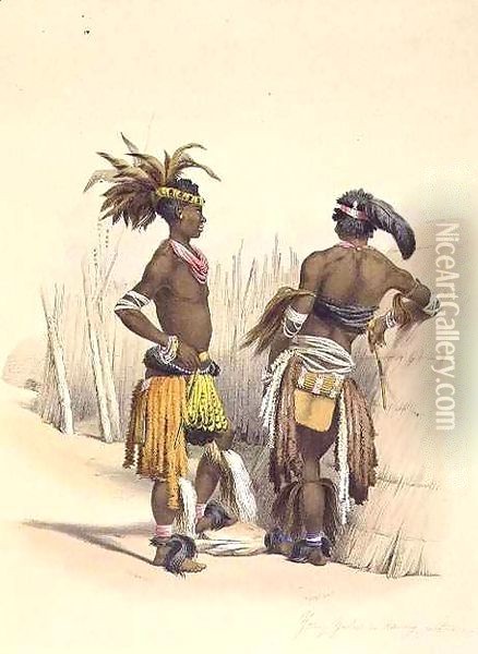 Umbambu and Umpengulu, Young Zulus in Dancing Costume Oil Painting - George French Angas