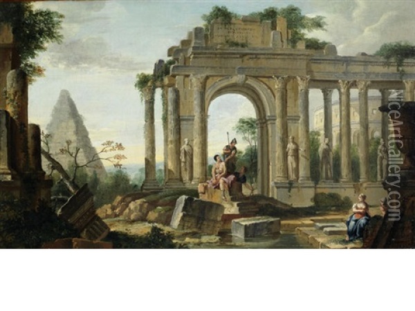 A Capriccio Of Classical Ruins, With Figures Resting Oil Painting - Giovanni Paolo Panini