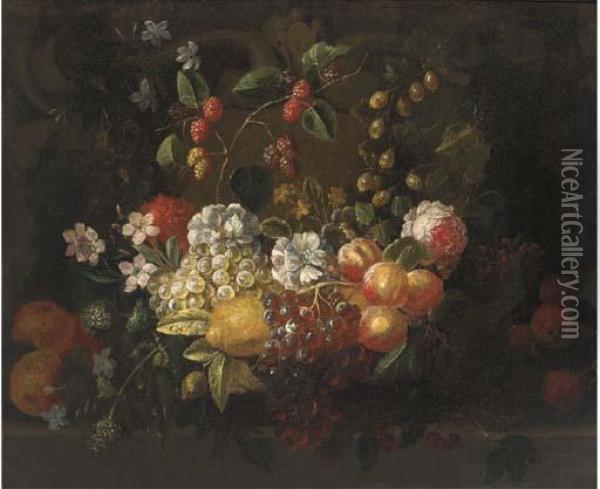 A Swag Of Grapes, Peaches, 
Lemons, Gooseberries, Raspberries, Arose And Other Mixed Flowers Over A 
Ledge Oil Painting - Frans Ykens