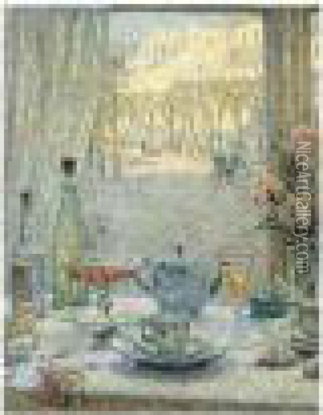 La Table Pres De La Fenetre. Reflets Oil Painting - Henri Eugene Augustin Le Sidaner
