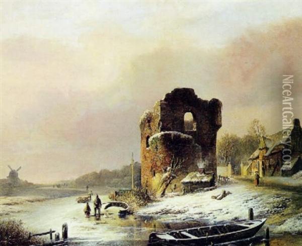 Kanalparti Med Borgruin I Forgrunden, Vinter Oil Painting - Pieter Hendrik Lodewijk Jonxis