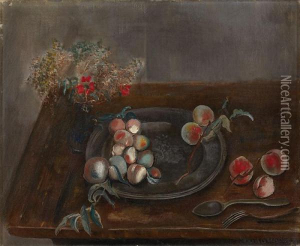 Still Life With Fruit And Flowers On A Table Oil Painting - Boris Dimitrevich Grigoriev