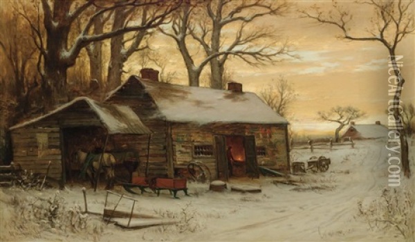 Winter Evening At The Forge Oil Painting - Carleton Wiggins