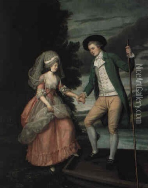 Courting Couple By A Punt Oil Painting - Henry Walton