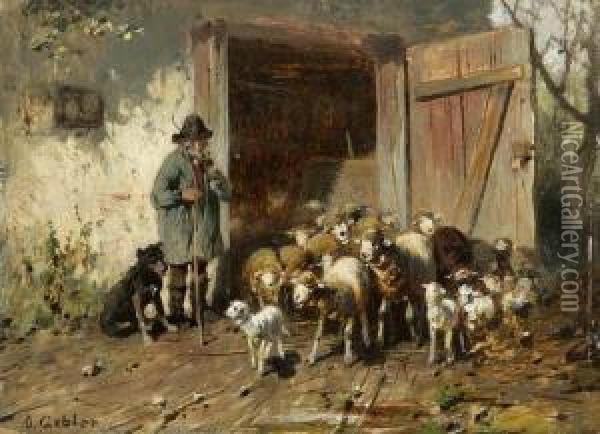 Schafer Mit Herde Vor Dem Stall Oil Painting - Friedrich Otto Gebler