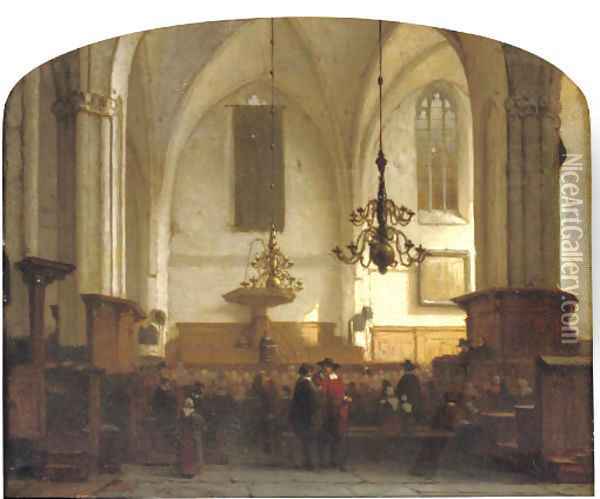 In de Buurkerk te Utrecht a service in a sunlit church Oil Painting - Jan Jacob Schenkel