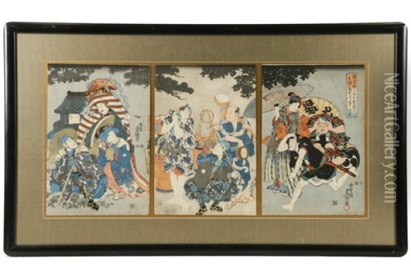 Triptych Of A Traveling Troupe Of Entertainers Caught In A Sudden Rainstorm Oil Painting - Utagawa Kunisada