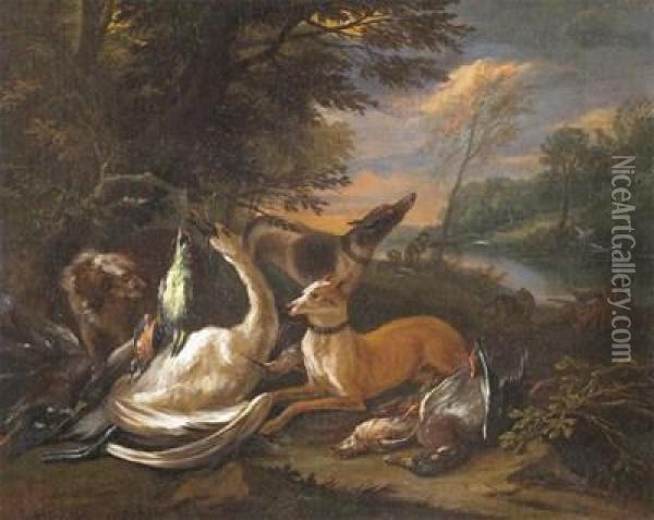 Huntsmen With Hunting Dogs And Game Oil Painting - Adriaen de Gryef