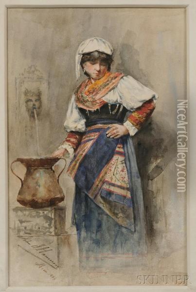 Peasant Woman Filling A Water Urn Oil Painting - John J. Hammer