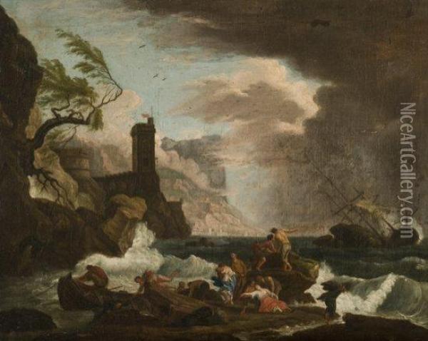 Pecheurs Aidant Des Naufrages Sur Une Cote Rocheuse Oil Painting - Claude-joseph Vernet